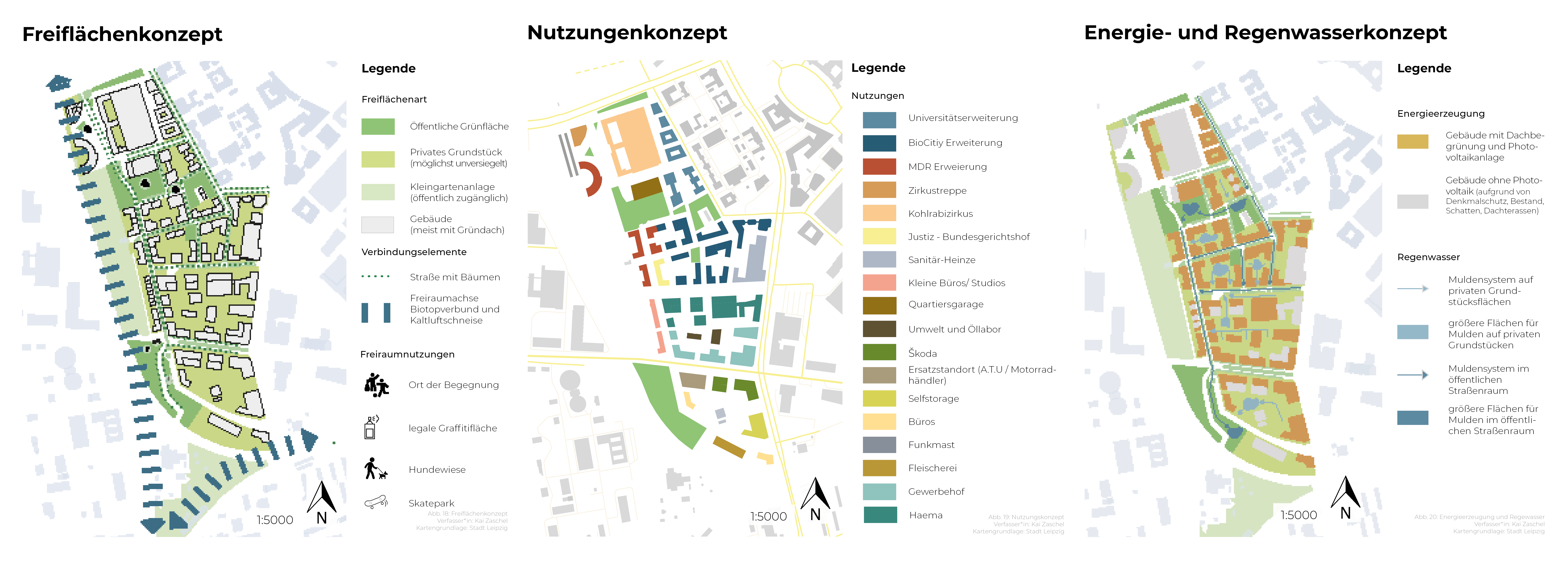 Drei Karten, die verschiedene Quartiersplanungen zeigen: Flächenkonzept, Nutzungenkonzept, Energie- und Regenwasserkonzept